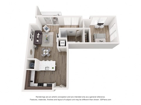 Floor plan for 1 bed, 1 bath, 731 sqft